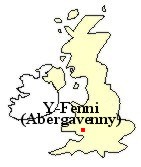 Map of Great Britain showing the location of Y-Fenni (Abergavenny), Gwent